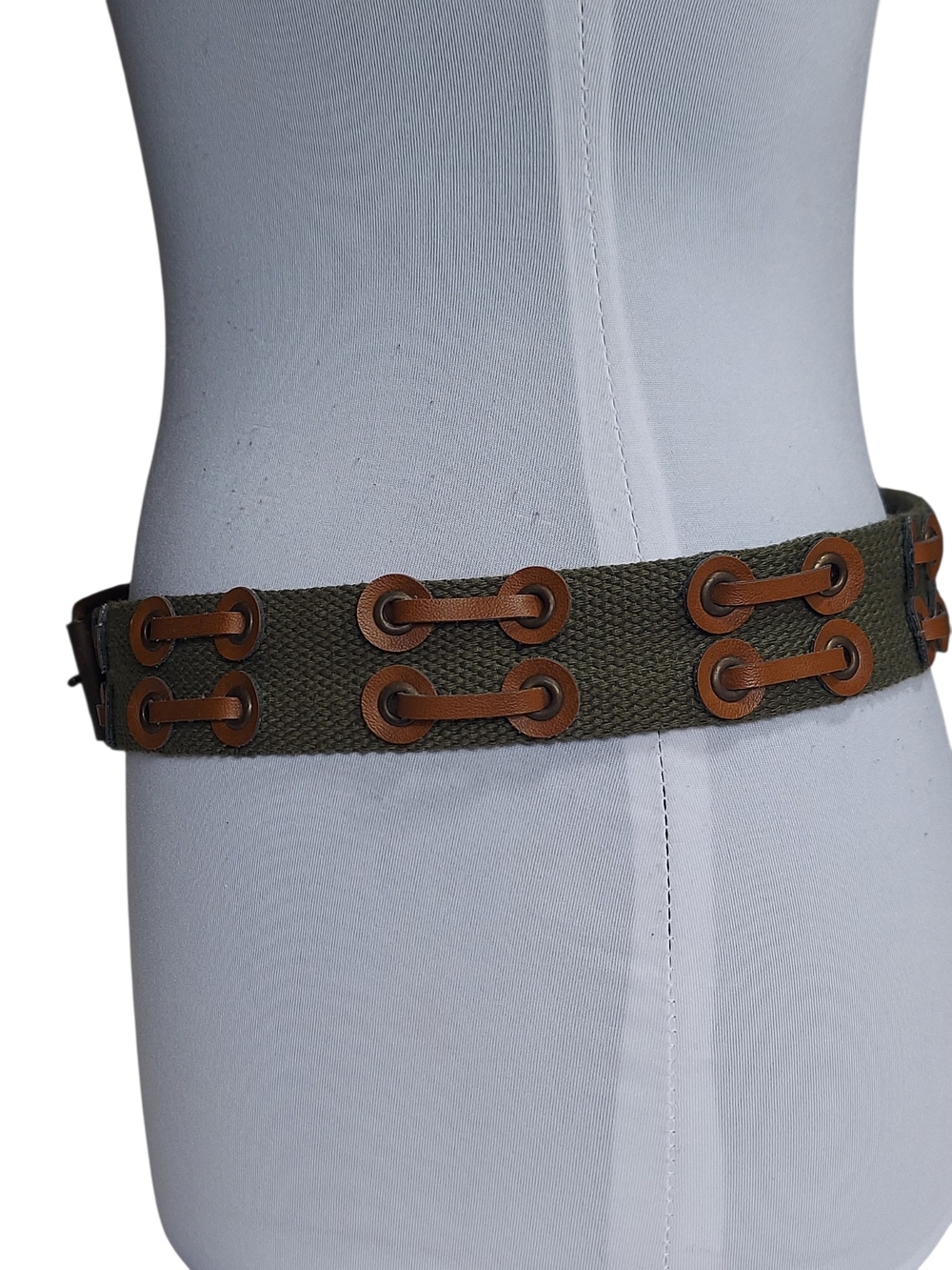 Military Inspired Olive Green Web Belt Brown Faux Leather Trim Adjustable - Picture 3 of 13